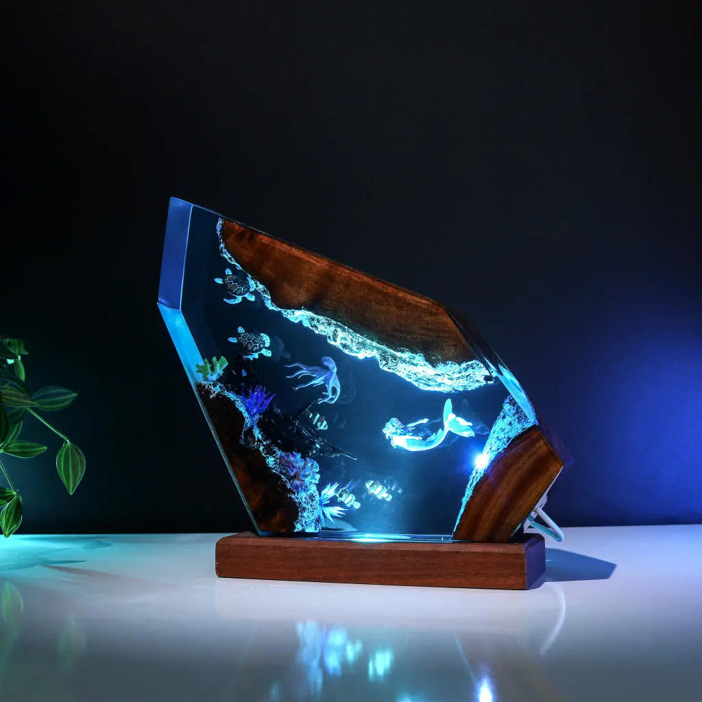 Octopus Turtles Mermaid Jellys Shipwreck Undersea Ocean Diorama Epoxy Resin Lamp, Night Light - ArtFIGU