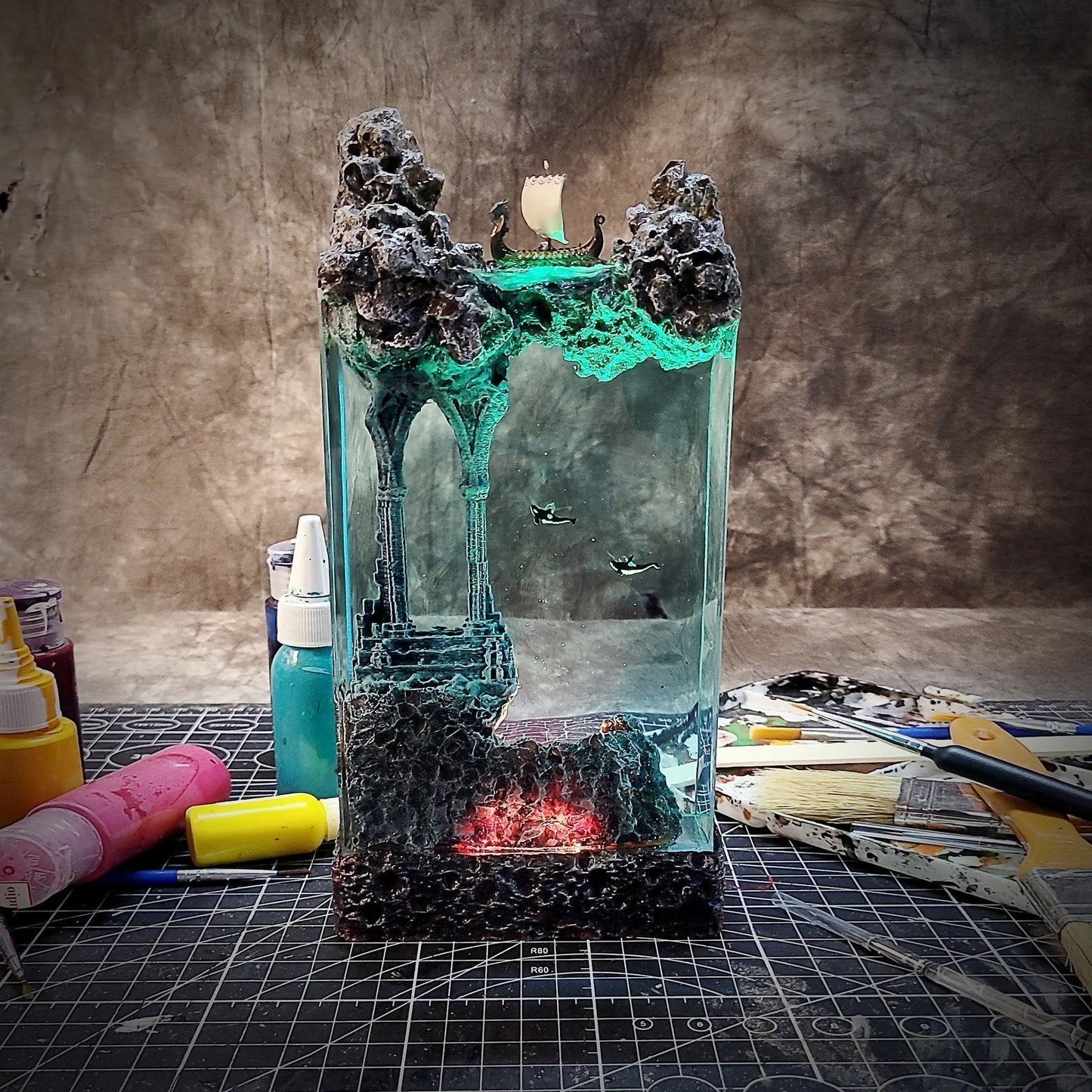 Viking Boat Orca Mythical Ancient Relics Undersea Ocean Diorama Epoxy Resin Lamp - ArtFIGU