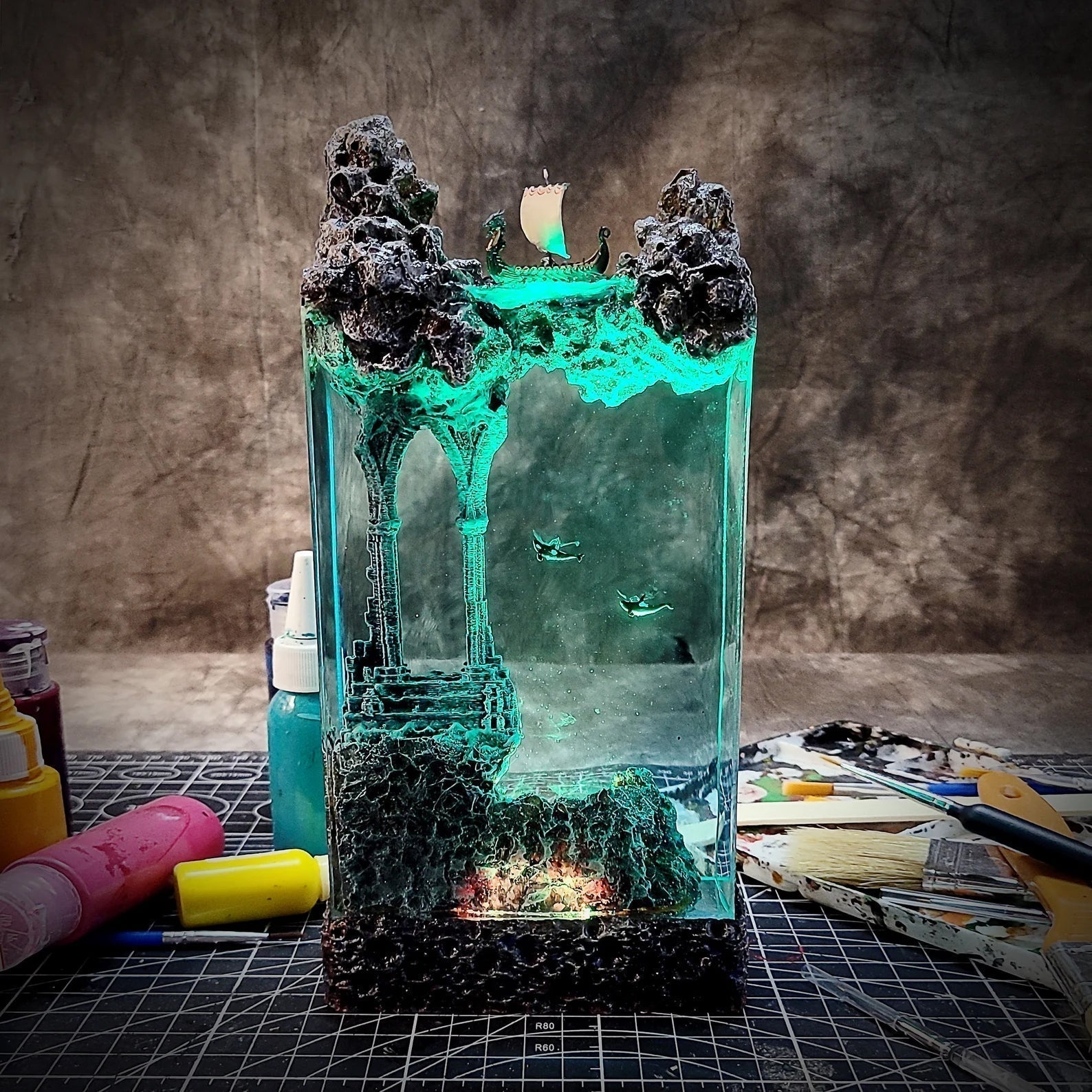 Viking Boat Orca Mythical Ancient Relics Undersea Ocean Diorama Epoxy Resin Lamp - ArtFIGU