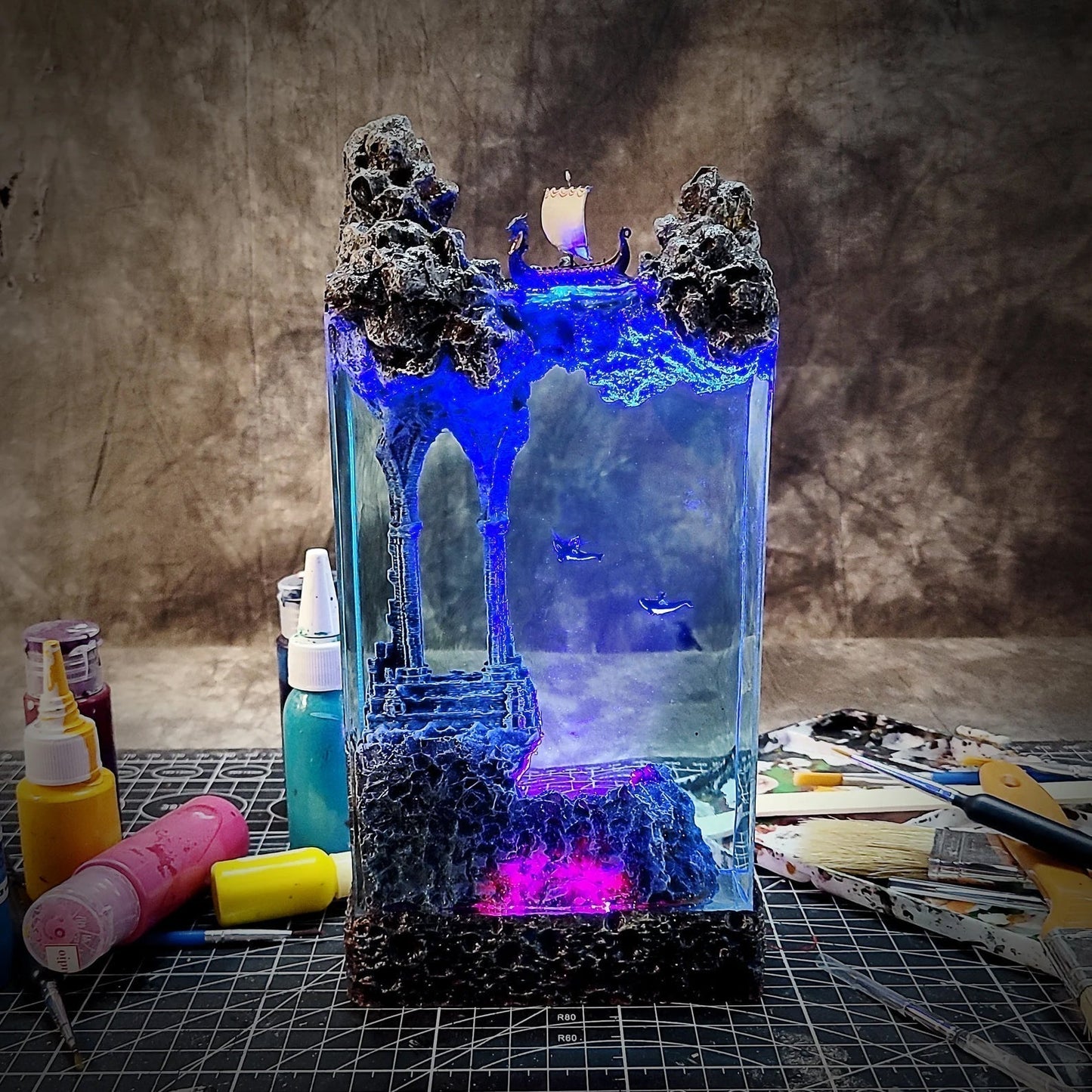 Viking Boat Orca Mythical Ancient Relics Undersea Ocean Diorama Epoxy Resin Lamp - ArtFIGU