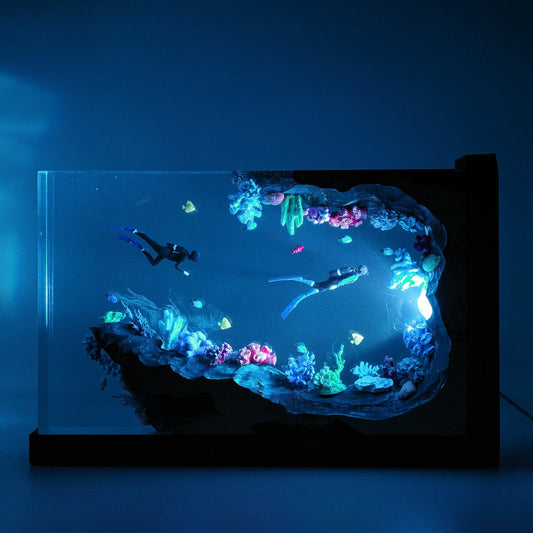 Divers Explore Coral Cave Undersea - High Quality Epoxy Resin Lamp - ArtFIGU