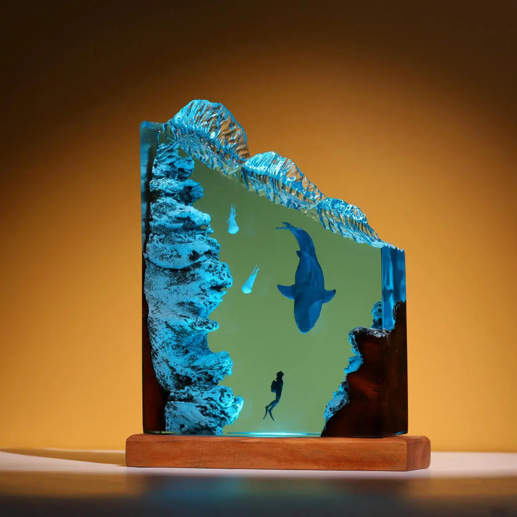Megalodon Shark Jelly Divers Undersea Ocean Diorama Epoxy Resin Lamp, Night Light - ArtFIGU