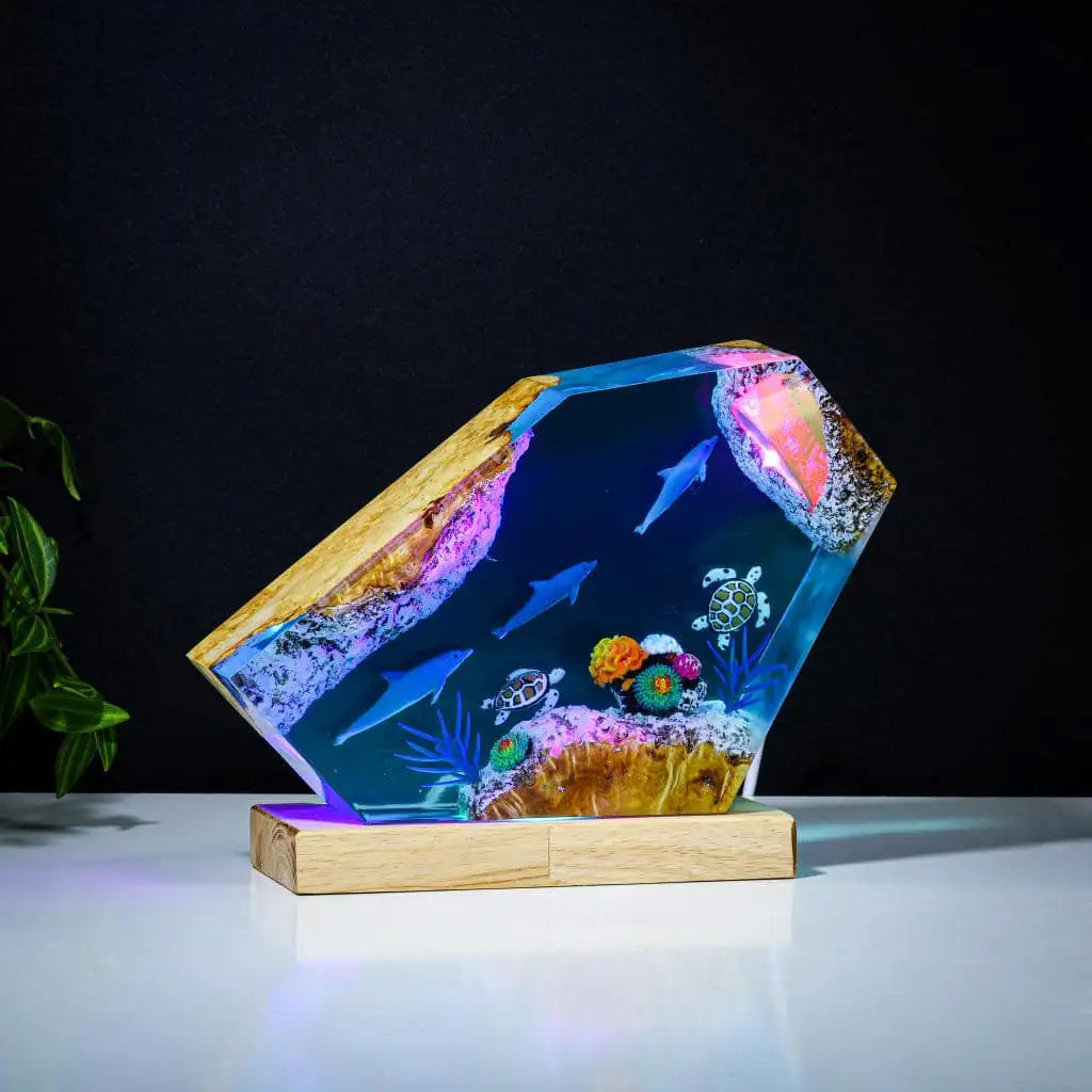 Dolphins and Turtles Undersea Ocean Diorama Epoxy Resin Lamp, Night Light - ArtFIGU