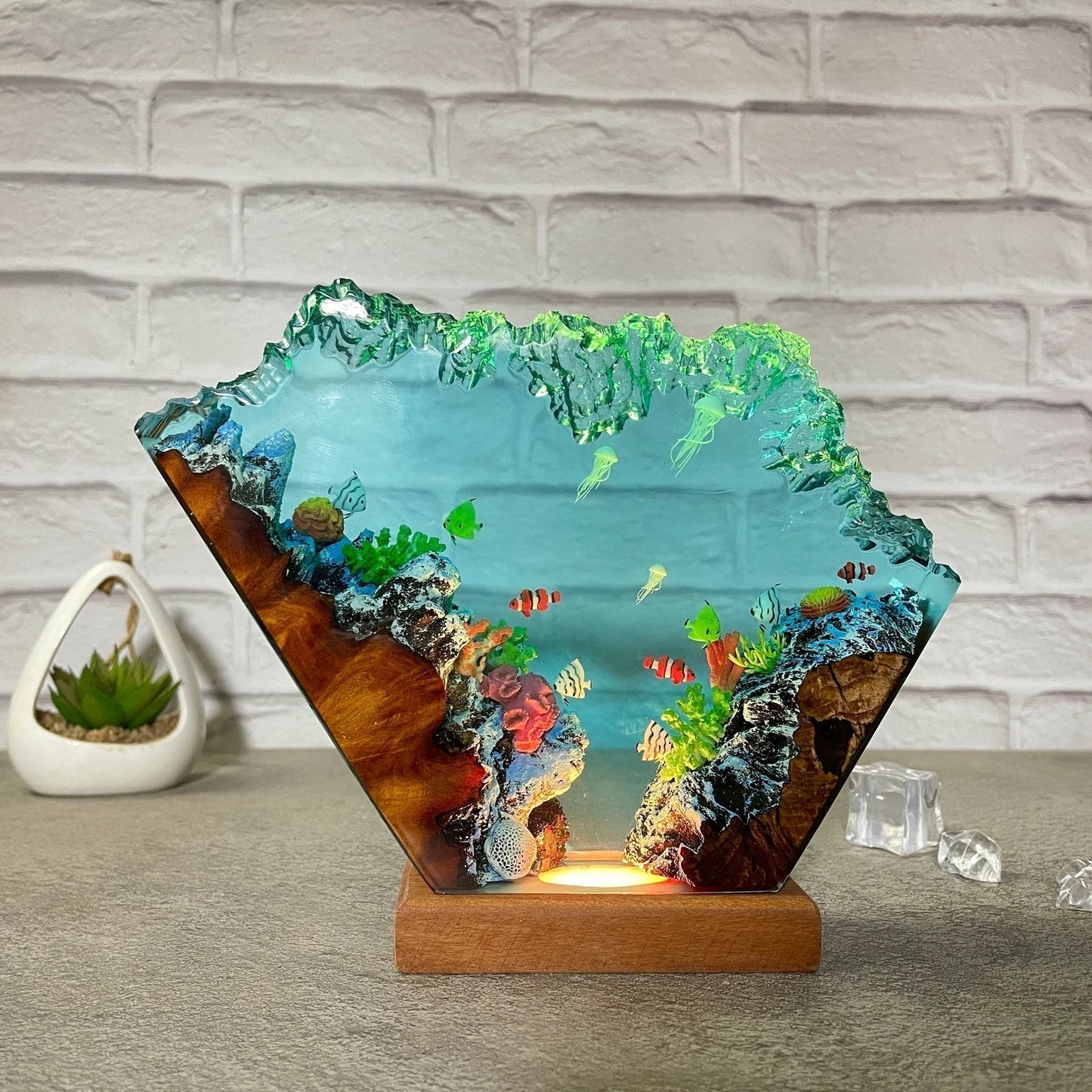 Coral Jellyfishs Undersea Ocean Diorama Epoxy Resin Lamp, Night Light - ArtFIGU