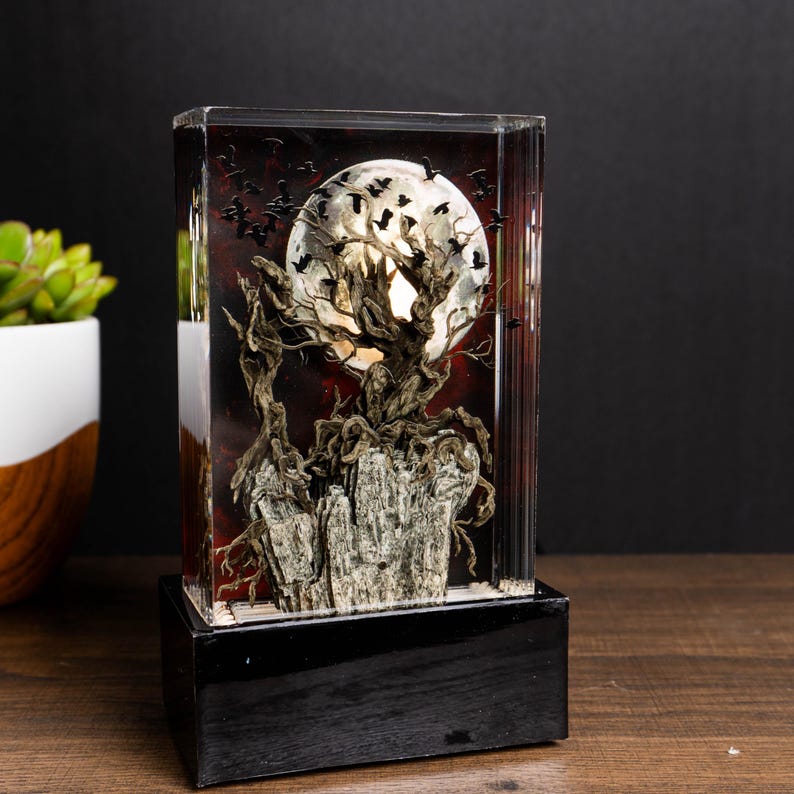 Crow Tree Halloween Resin Lamp Gift for Full Red Moon Epoxy Sculpture for Desk - ArtFIGU