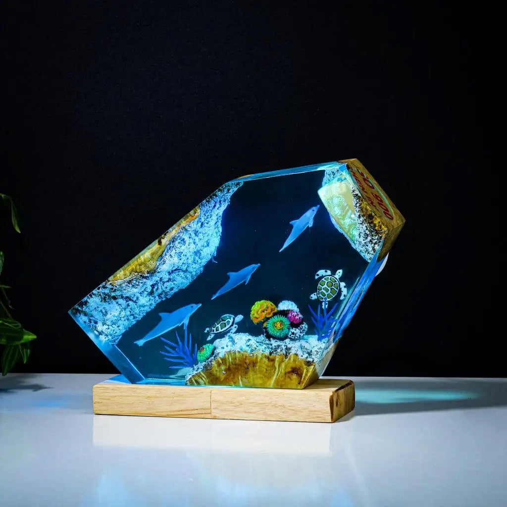 Dolphins and Turtles Undersea Ocean Diorama Epoxy Resin Lamp, Night Light - ArtFIGU