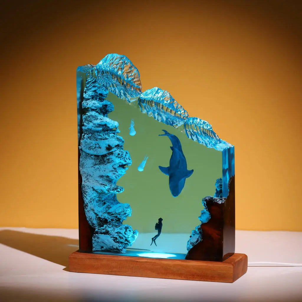 Megalodon Shark Jelly Divers Undersea Ocean Diorama Epoxy Resin Lamp, Night Light - ArtFIGU