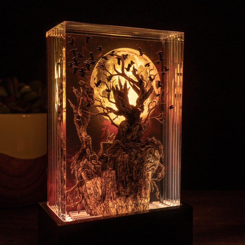 Crow Tree Halloween Resin Lamp Gift for Full Red Moon Epoxy Sculpture for Desk - ArtFIGU