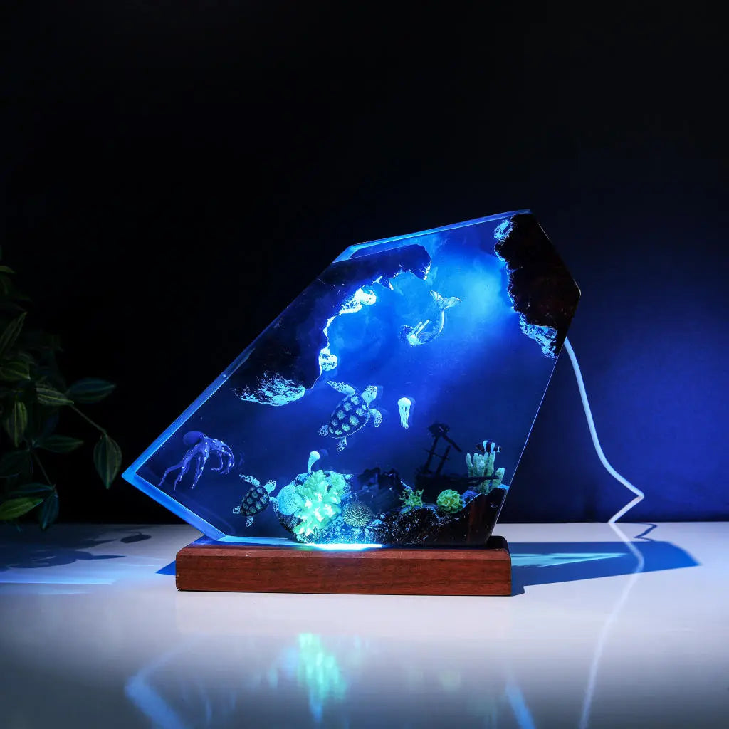 Octopus Turtles Mermaid Jellys Shipwreck Undersea Ocean Diorama Epoxy Resin Lamp, Night Light - ArtFIGU