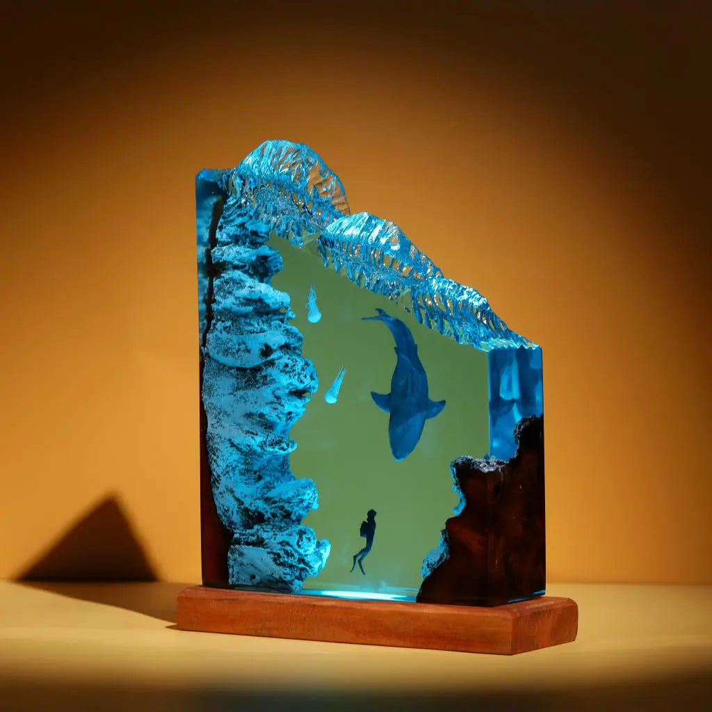 Megalodon Shark Jelly Divers Undersea Ocean Diorama Epoxy Resin Lamp, Night Light - ArtFIGU