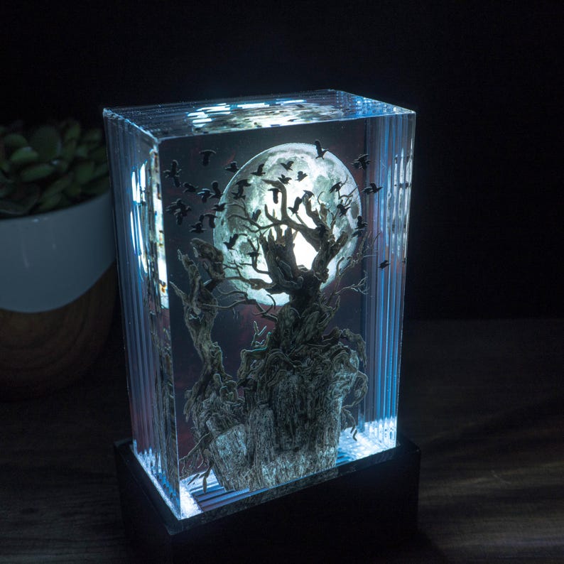 Crow Tree Halloween Resin Lamp Gift for Full Red Moon Epoxy Sculpture for Desk - ArtFIGU