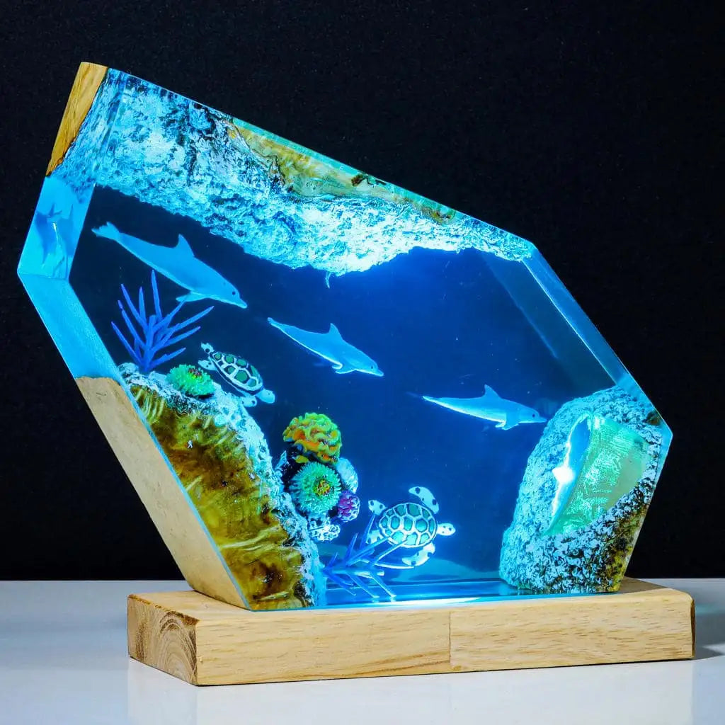 Dolphins and Turtles Undersea Ocean Diorama Epoxy Resin Lamp, Night Light - ArtFIGU