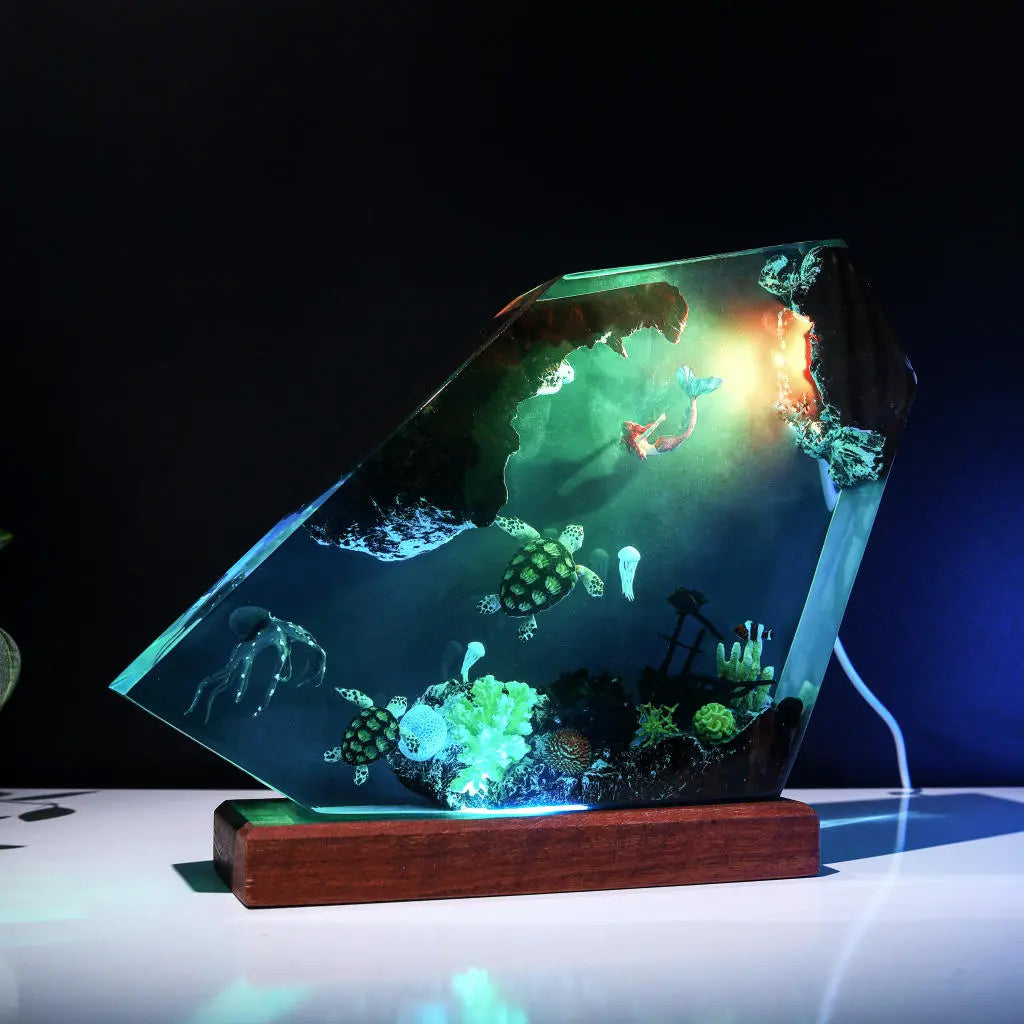 Octopus Turtles Mermaid Jellys Shipwreck Undersea Ocean Diorama Epoxy Resin Lamp, Night Light - ArtFIGU