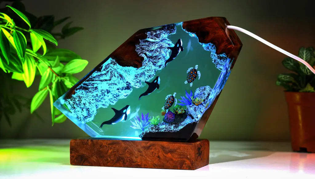 Orcas and Sea Turtles Undersea Ocean Diorama Epoxy Resin Lamp, Night Light - ArtFIGU