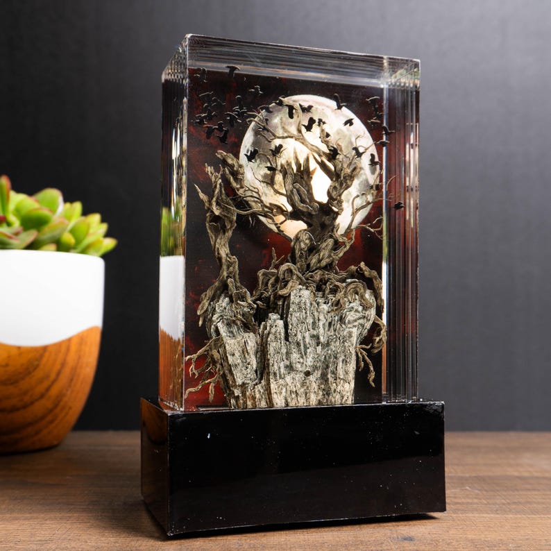 Crow Tree Halloween Resin Lamp Gift for Full Red Moon Epoxy Sculpture for Desk - ArtFIGU