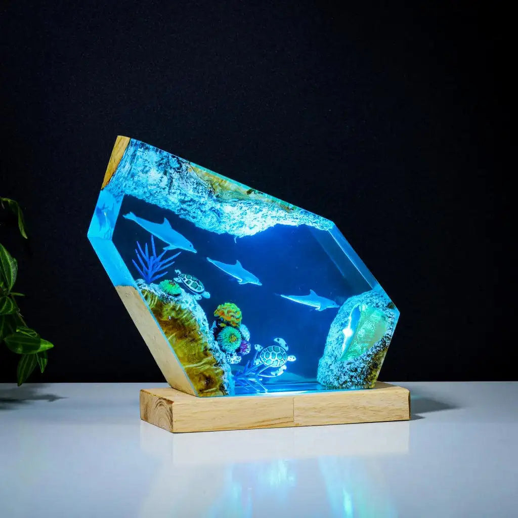Dolphins and Turtles Undersea Ocean Diorama Epoxy Resin Lamp, Night Light - ArtFIGU