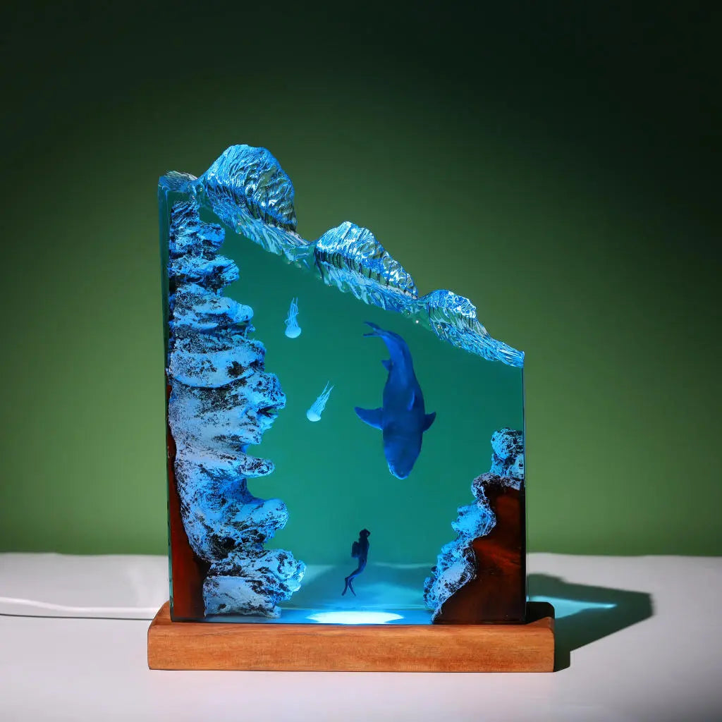 Megalodon Shark Jelly Divers Undersea Ocean Diorama Epoxy Resin Lamp, Night Light - ArtFIGU