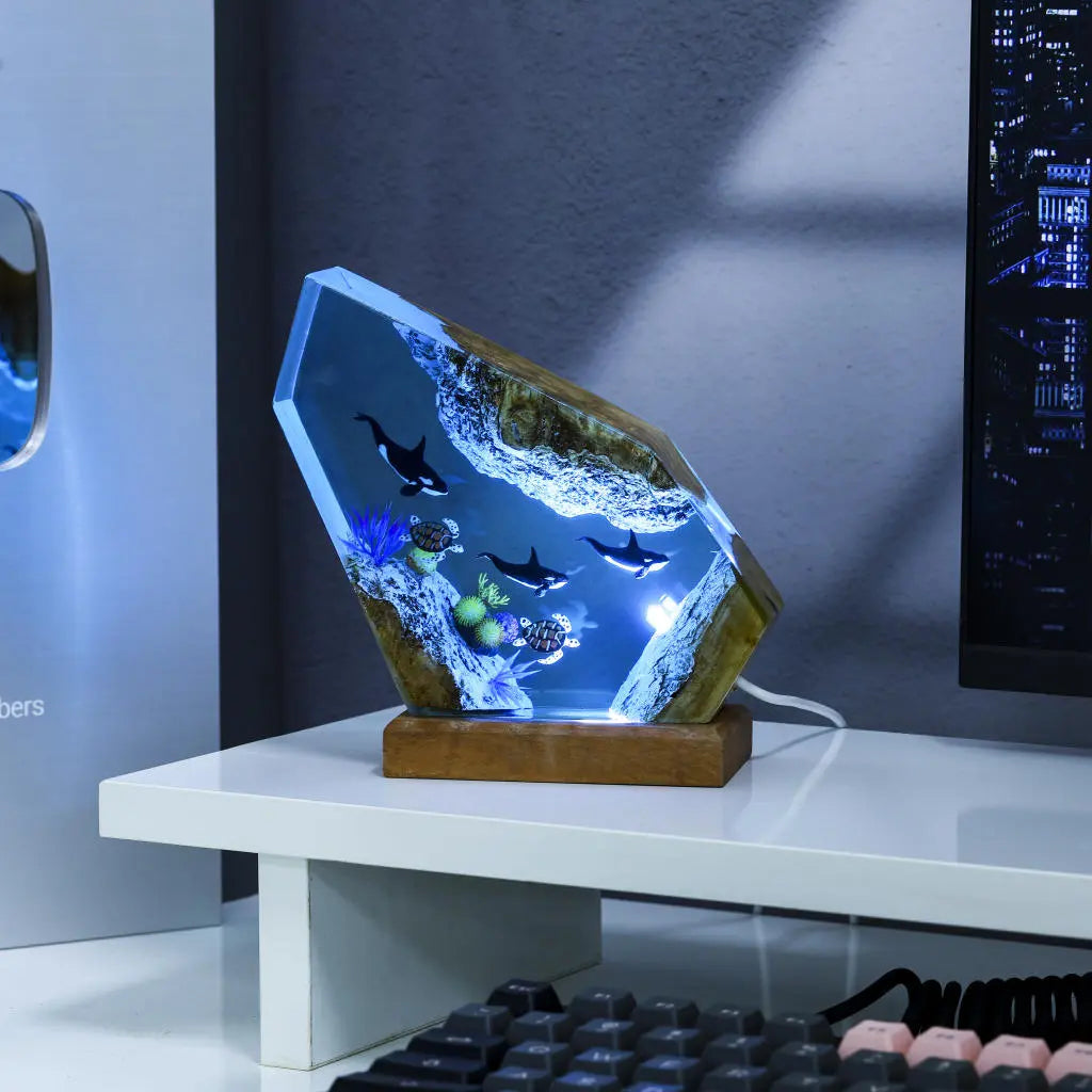 Orcas and Sea Turtles Undersea Ocean Diorama Epoxy Resin Lamp, Night Light - ArtFIGU