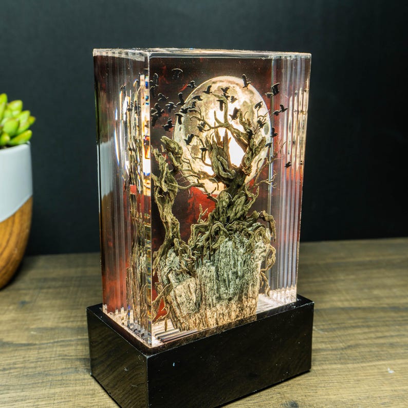 Crow Tree Halloween Resin Lamp Gift for Full Red Moon Epoxy Sculpture for Desk - ArtFIGU