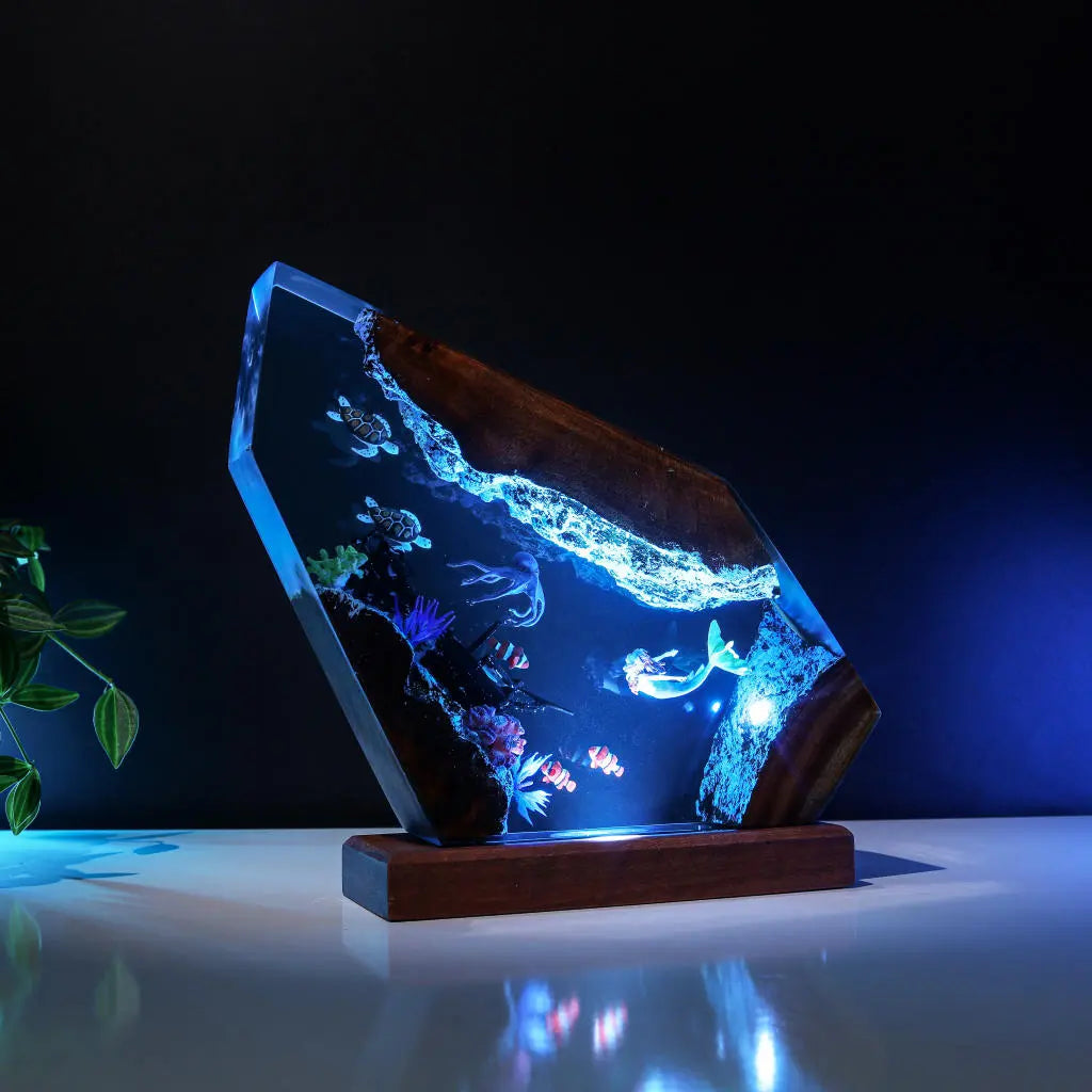 Octopus Turtles Mermaid Jellys Shipwreck Undersea Ocean Diorama Epoxy Resin Lamp, Night Light - ArtFIGU