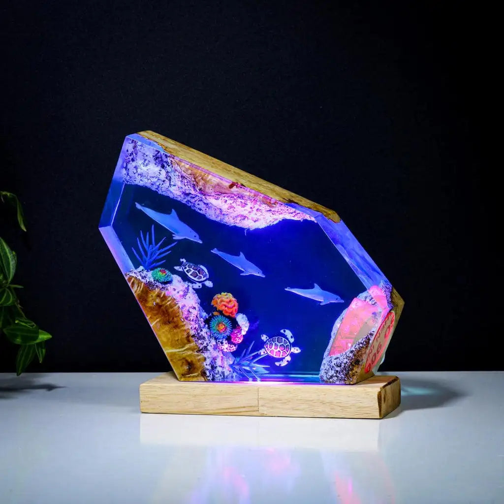 Dolphins and Turtles Undersea Ocean Diorama Epoxy Resin Lamp, Night Light - ArtFIGU