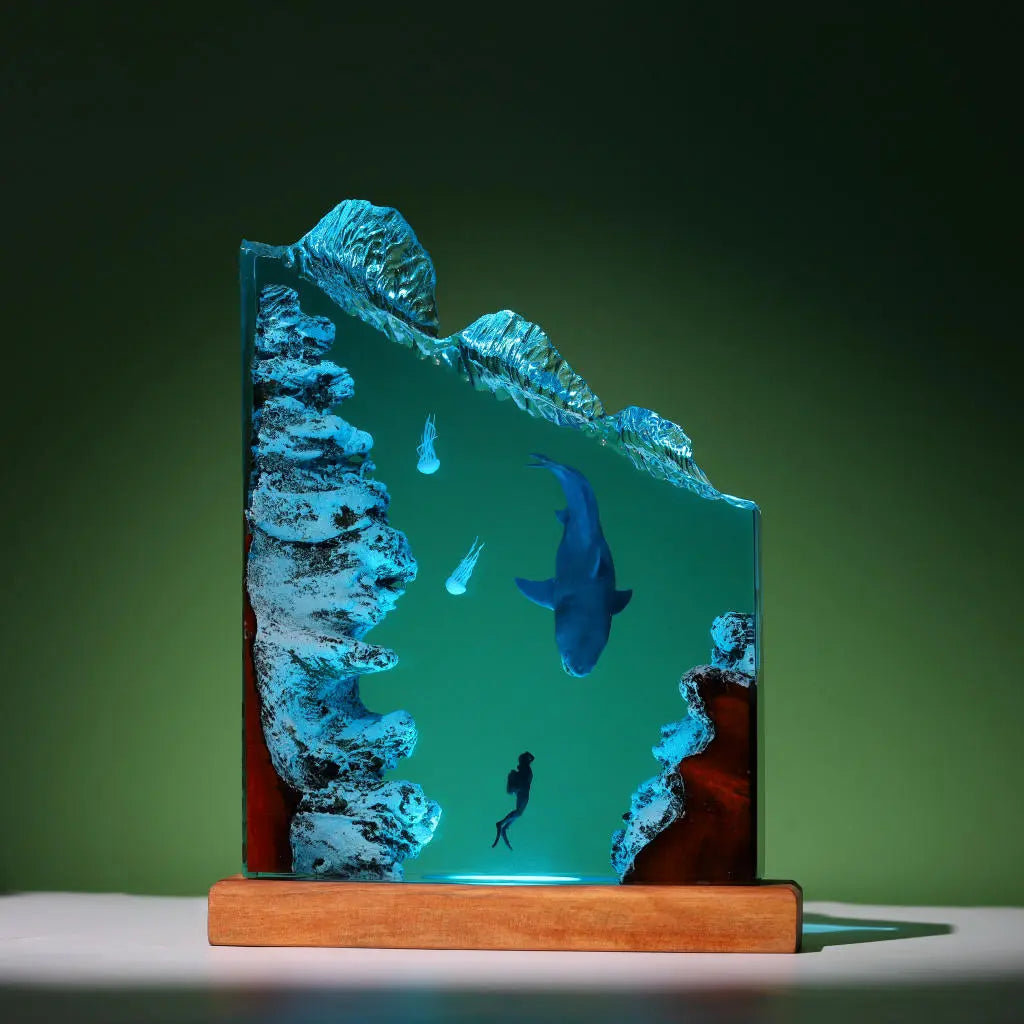 Megalodon Shark Jelly Divers Undersea Ocean Diorama Epoxy Resin Lamp, Night Light - ArtFIGU