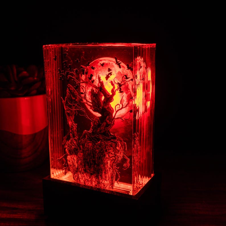 Crow Tree Halloween Resin Lamp Gift for Full Red Moon Epoxy Sculpture for Desk - ArtFIGU