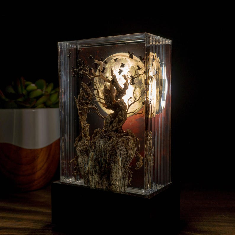 Crow Tree Halloween Resin Lamp Gift for Full Red Moon Epoxy Sculpture for Desk - ArtFIGU